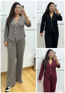 ZS143-Selina Gold Düğmeli Selanik Örme İkili Pantolon Takım