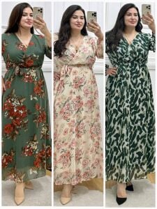 A160-Şifon kruvaze yaka kuşaklı maksiboy elbise