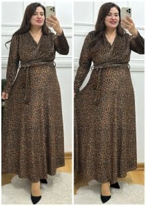 A151-Leopar desenli kuşaklı kadife elbise