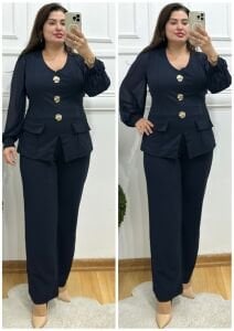 TR149-Lacivert gold üç broşlu ikili takım