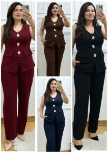 TR181-Gold yaprak 3 broşlu ceketli ikili takım