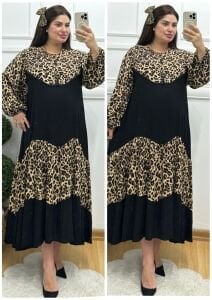 PT039-Leopar geçişimi püsküllü maksiboy viskon elbise